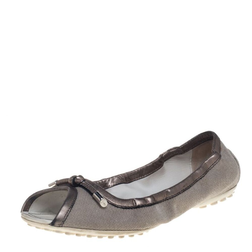 Tod's Grey/metallic Canvas And Leather Bow Open Toe Flats Size 39